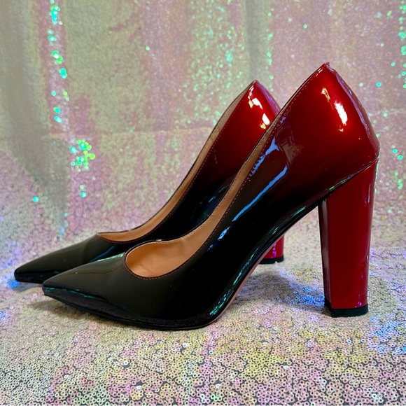 Wet❤️Kiss Ombré Block Heel Patent Leather Pointed Top Black to Red Pumps - Picture 2 of 12